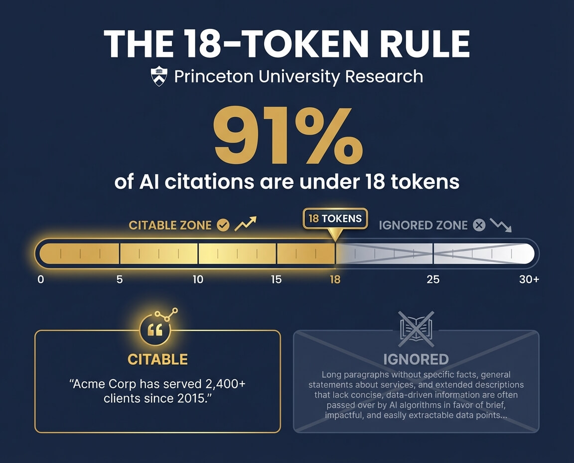 The 18-Token Rule - 91% of AI citations are under 18 tokens