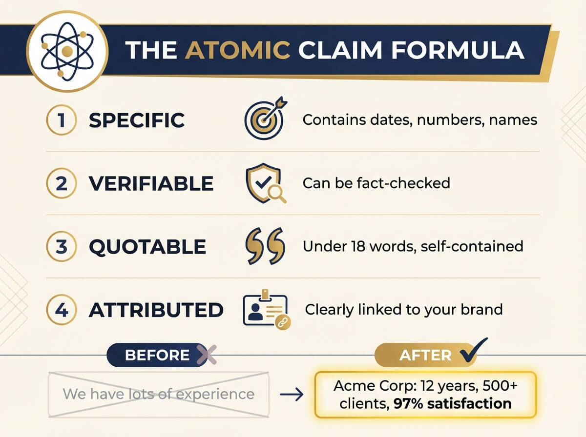 The Atomic Claim Formula - Specific, Verifiable, Quotable, Attributed